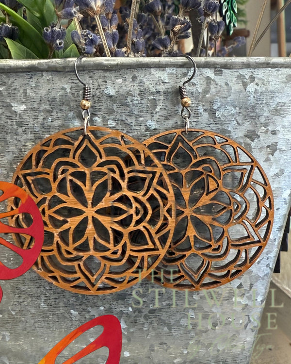 Rust Iron Petal Mandala Earrings — original photograph