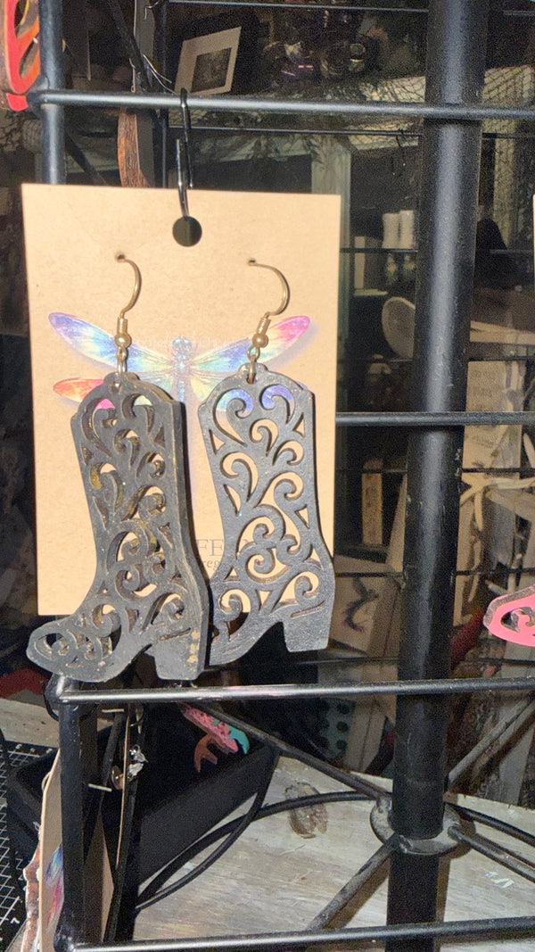 Charcoal Filigree Cowboy Boot Earrings — original photograph