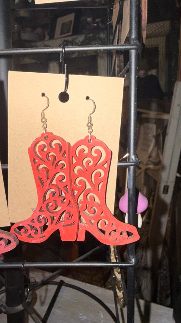 Red Filigree Cowboy Boot Earrings — original photograph