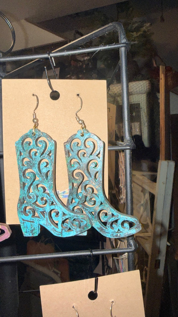 Turquoise Filigree Cowboy Boot Earrings — original photograph