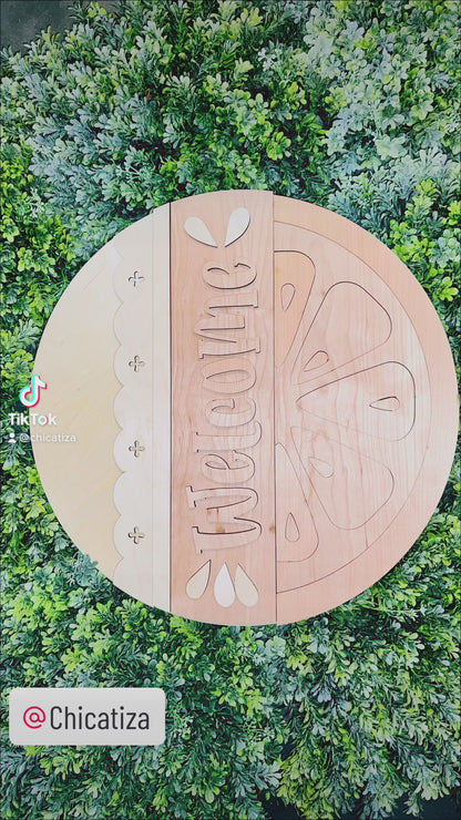 Welcome Lemon 22  - Round  Wood Door Sign | Hanger | ChicaTiza