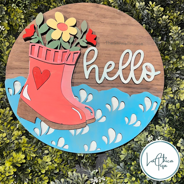 Rain Boots Hello  - Round  Wood Door Sign | Hanger | ChicaTiza